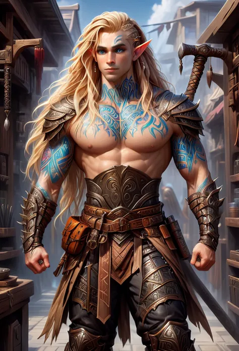 d&d character art. athletic slender male elf. colorful tribal and rune tattoos, big brown eyes, long wild blond hair with site c...