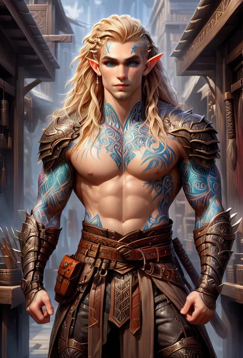 d&d character art. athletic slender male elf. colorful tribal and rune tattoos, big brown eyes, long wild blond hair with site c...