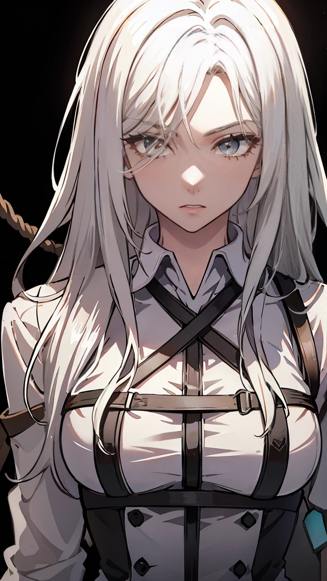 White hair,yellow eyes,black blindfold,connected,bond,naked,ropes