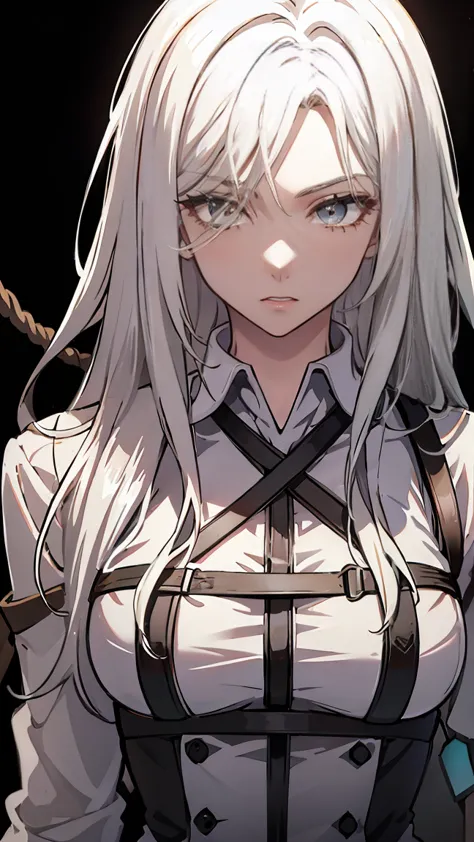 white hair,yellow eyes,black blindfold,connected,bond,naked,ropes