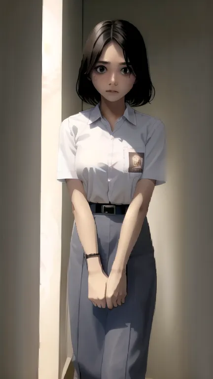 (((Ultra-HD-quality-details))) , Indonesian, Southeast Asian high school girl with a round face, short black hair with a scared ...
