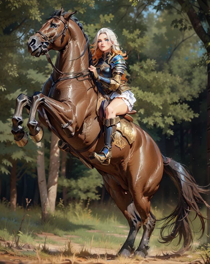 ((best quality)), ((anime masterpiece)), (high detailed), 8k, cinematic lighting, realistic, HDR, vivid color, a female knight riding a BROWN HORSE, long hair, {black hair}, (white armor, black gauntlet, black miniskirt, black boots), forest, anatomically correct
