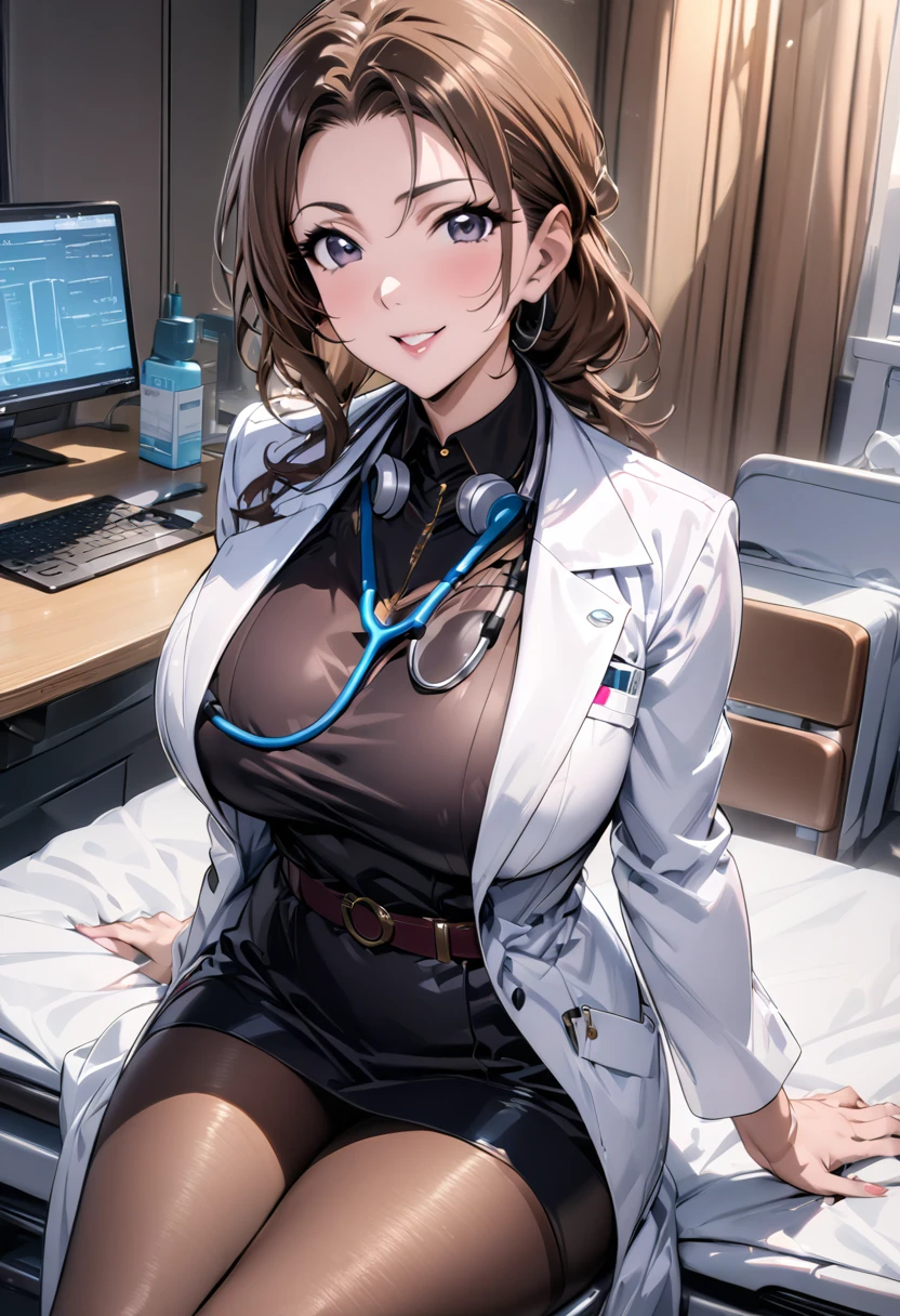 8K picture quality, ultra high definition, stunning mature beauty, intellectual elegance, brown hair, (best quality, masterpiece: 1.2),1lady solo, sitting, (looking at viewers), (white lab coat) stylish outfit, mature female, /(dark brown hair/) bangs, kind smile, (masterpiece best quality:1.2) delicate illustration ultra-detailed, large breasts, pantyhose, /(stethoscope around neck/) BREAK (hospital examination room) indoors, work desk, detailed background，(((doctor)))