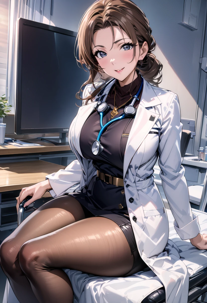 8K picture quality, ultra high definition, stunning mature beauty, intellectual elegance, brown hair, (best quality, masterpiece: 1.2),1lady solo, sitting, (looking at viewers), (white lab coat) stylish outfit, mature female, /(dark brown hair/) bangs, kind smile, (masterpiece best quality:1.2) delicate illustration ultra-detailed, large breasts, pantyhose, /(stethoscope around neck/) BREAK (hospital examination room) indoors, work desk, detailed background，(((doctor)))