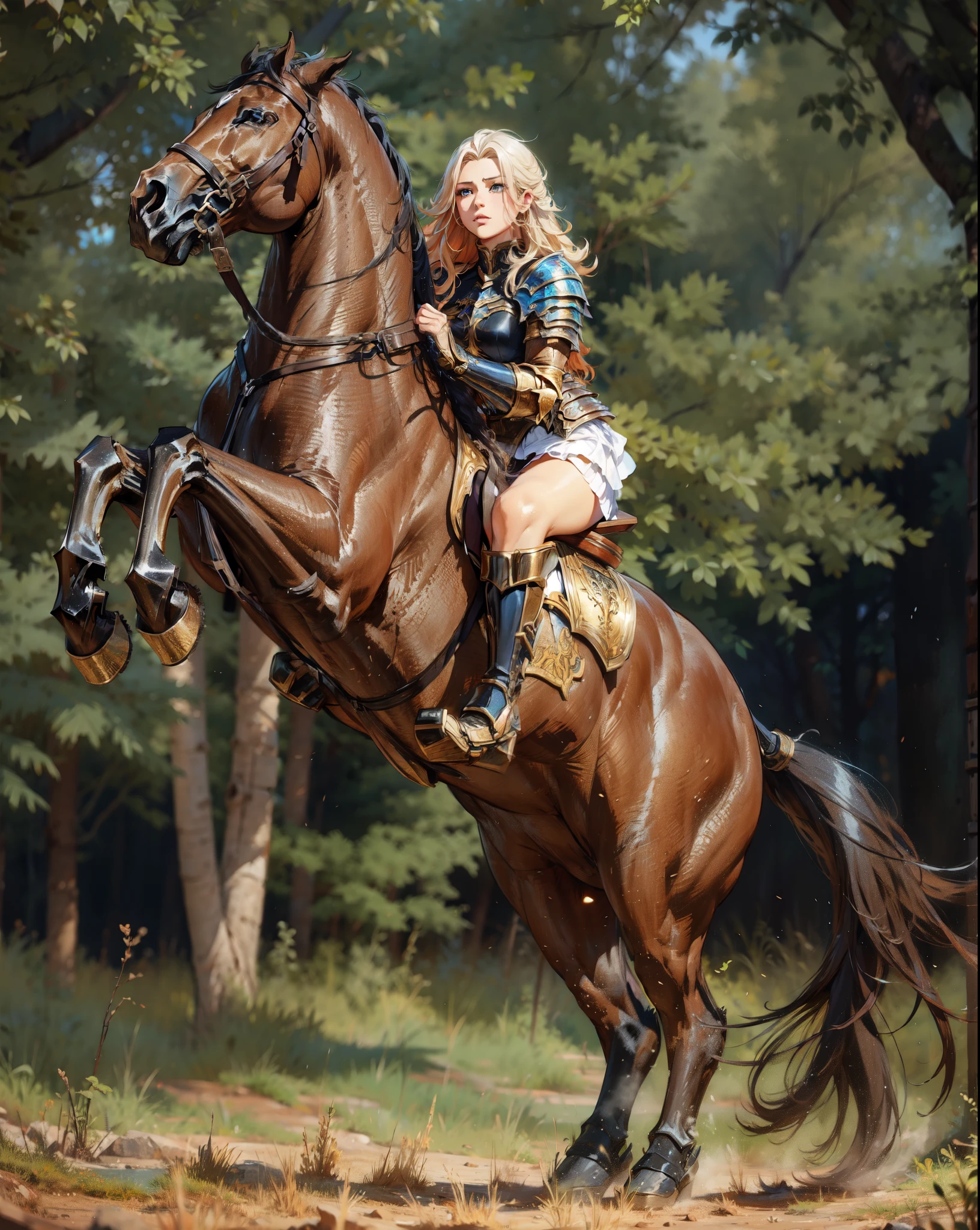 ((best quality)), ((anime masterpiece)), (high detailed), 8k, cinematic lighting, realistic, HDR, vivid color, a female knight riding a BROWN HORSE, long hair, {black hair}, (white armor, black gauntlet, black miniskirt, black boots), forest, anatomically correct
