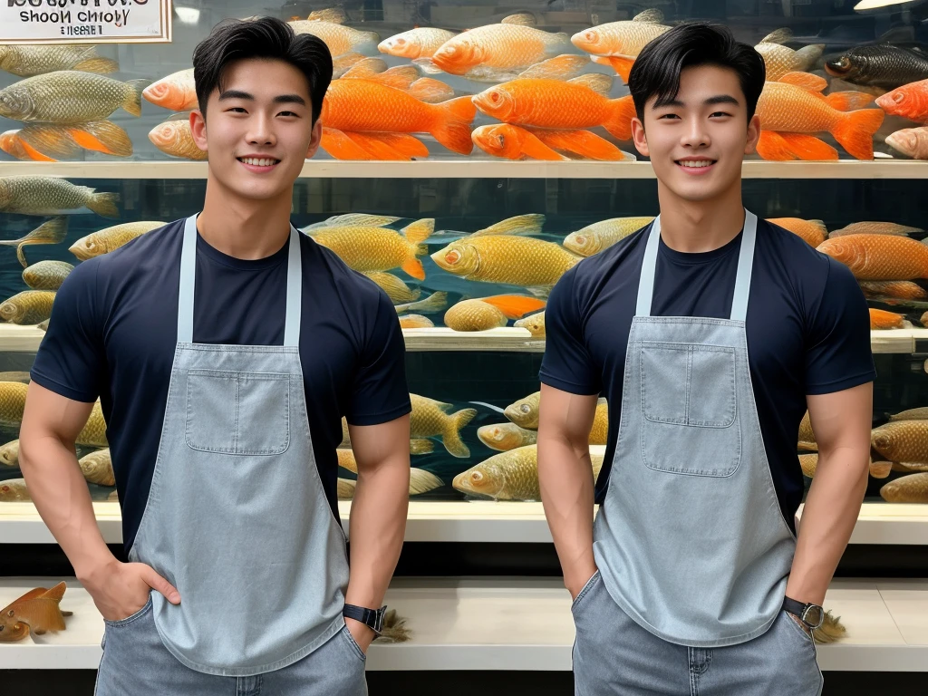 独奏: 1.5, (As a matter of fact, Masterpiece, 8k HD, good light quality, sportswear, fit the face, complicated details), A handsome Korean young man with muscular arms. , 20 years old, be happy, smile brightly, detailed face, delicate eyes, look at the sky, Wear a navy tight T-shirt.:1.6 ,Wear a denim coat., jeans period, black eyes, Black hair color, ผมsmooth, smooth，Surreal，Awesome details，Highest quality，real，Open your mouth to talk. , Close your eyes., (standing in a fish shop :1.5)