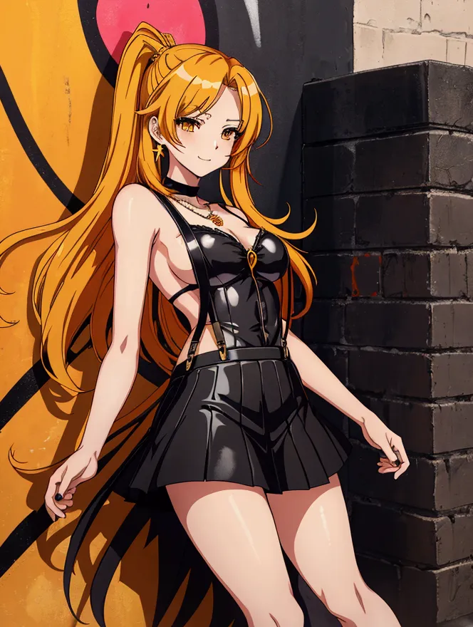 anime girl in yellow and orange long black suspender skirt in front of graffiti wall, 25 years old，long hair anime girl, she has...