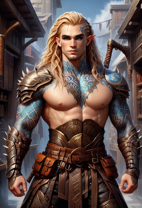 d&d character art. athletic slender male dragonborn. colorful tribal and rune tattoos, (big brown eyes:1.5), long wild blond hai...