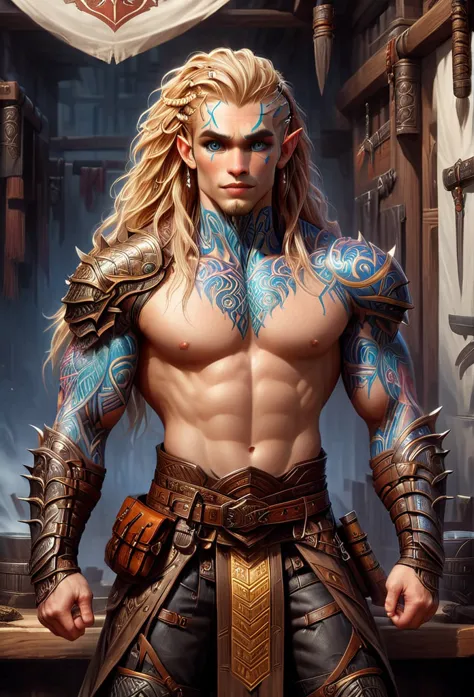 d&d character art. athletic slender male dragonborn. colorful tribal and rune tattoos, (big brown eyes:1.5), long wild blond hai...