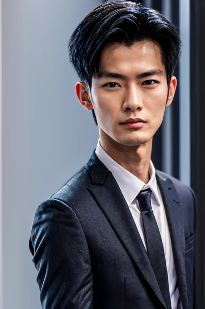 Generate an ultra realistic image of a handsome 20-year-old Chinese man, slim, slim, ectomomhe, asymmetrical face, new, CEO, passionate, serious and extremely cold countenance, CEO clothes, short black hair, face of a 20-year-old man