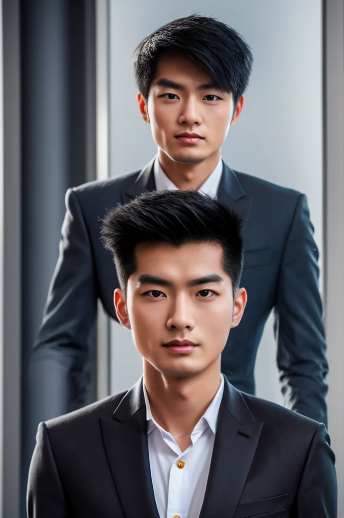 Generate an ultra realistic image of a handsome 20-year-old Chinese man, slim, slim, ectomomhe, asymmetrical face, new, CEO, passionate, serious and extremely cold countenance, CEO clothes, short black hair, face of a 20-year-old man