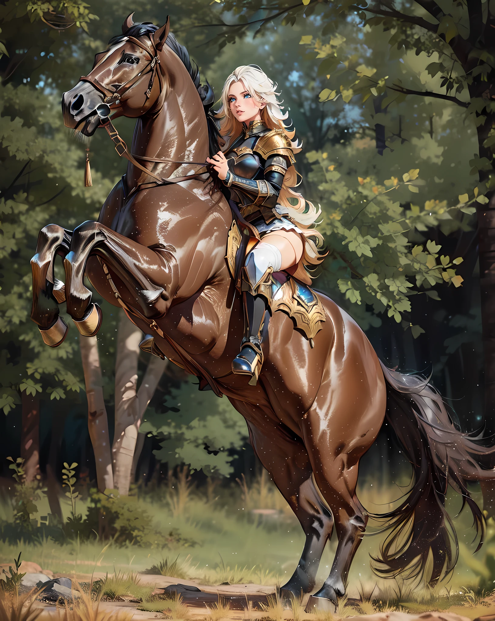 ((best quality)), ((anime masterpiece)), (high detailed), 8k, cinematic lighting, realistic, HDR, vivid color, a female knight riding a BROWN HORSE, long hair, {black hair}, (white armor, black gauntlet, black miniskirt, black boots), forest, anatomically correct
