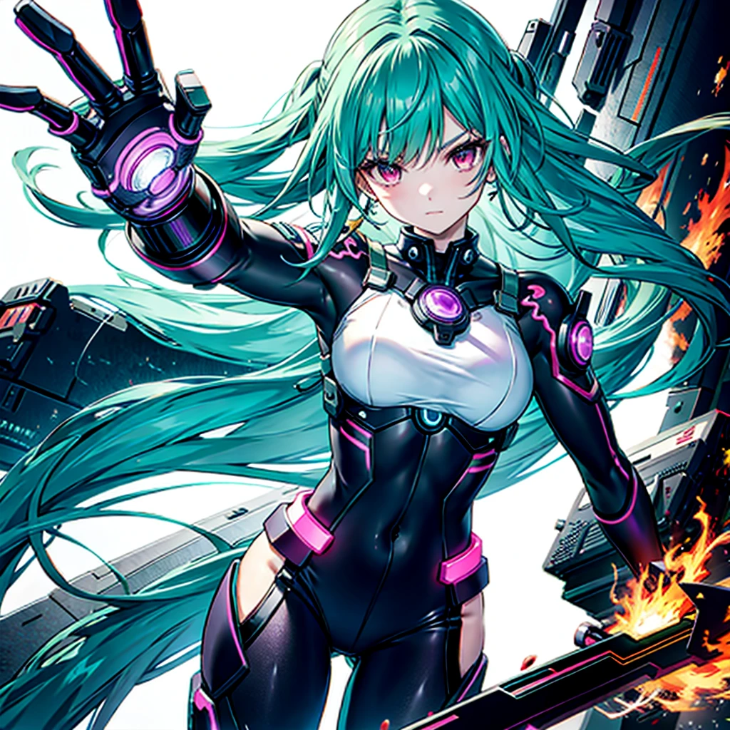 (Tabletop), (Perfect athletic body:1.2), Anime Style, whole body, Cyberpunk Girl, Sea green twin hairstyle with red eyes, Wearing a Cyber Costume, Black and Purple Flaming Fist, Burnt mechanical limbs, Standing in the Wilderness, Flame burning in the chest, White Background, whole body,composition