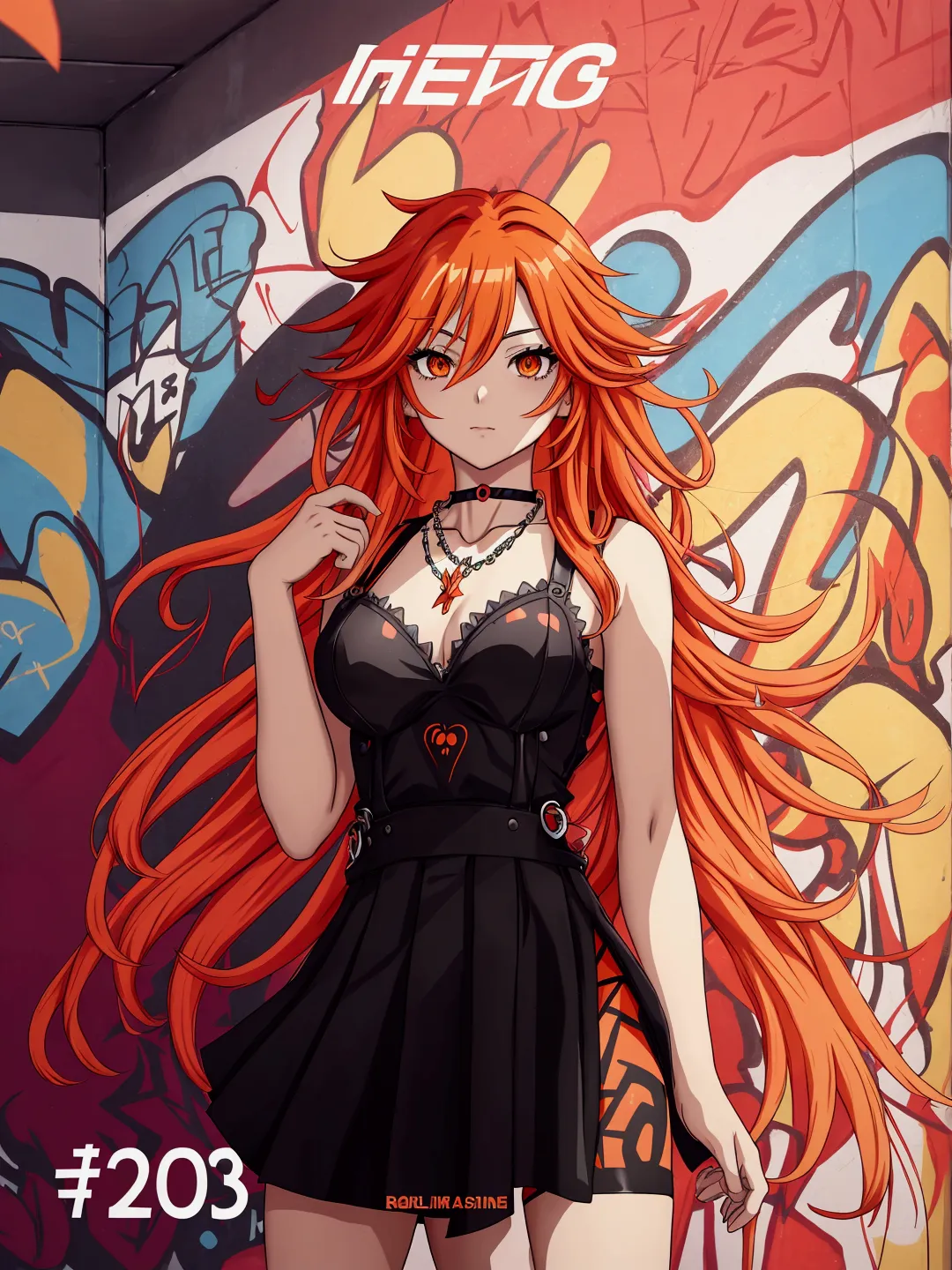 Anime girl in red, orange and black suspender skirt in front of graffiti wall, 25 years old，long hair anime girl, She has long o...