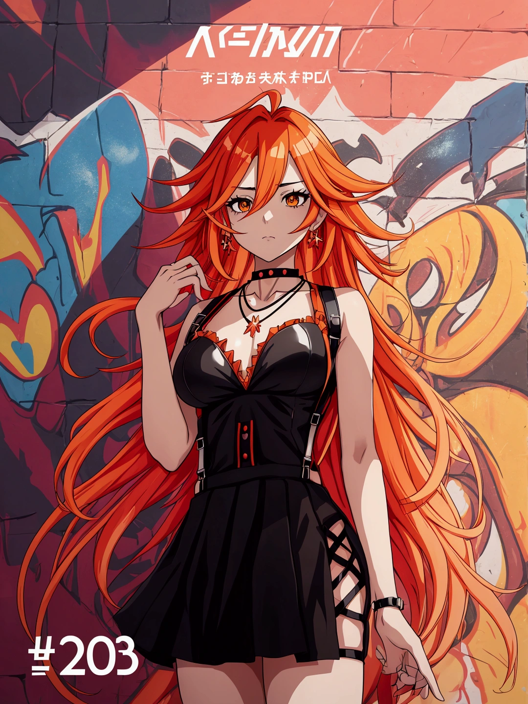 Anime girl in red, orange and black suspender skirt in front of graffiti wall, 25 years old，long hair anime girl, She has long orange-yellow hair., Attractive anime girl,Bare arms，Bare arms，Bare legs，Black necklace，Front view，First Perspective，high quality，16K，Exciting appearance，very clearly，Exquisite mature facial，Royal sister，Simple black suspender skirt，Alone，Standing front