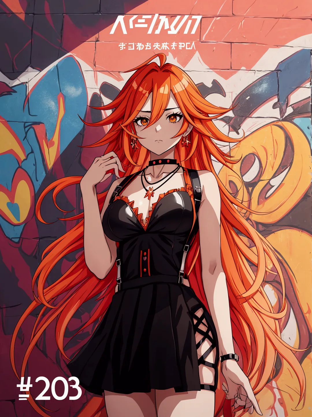Anime girl in red, orange and black suspender skirt in front of graffiti wall, 25 years old，long hair anime girl, She has long o...