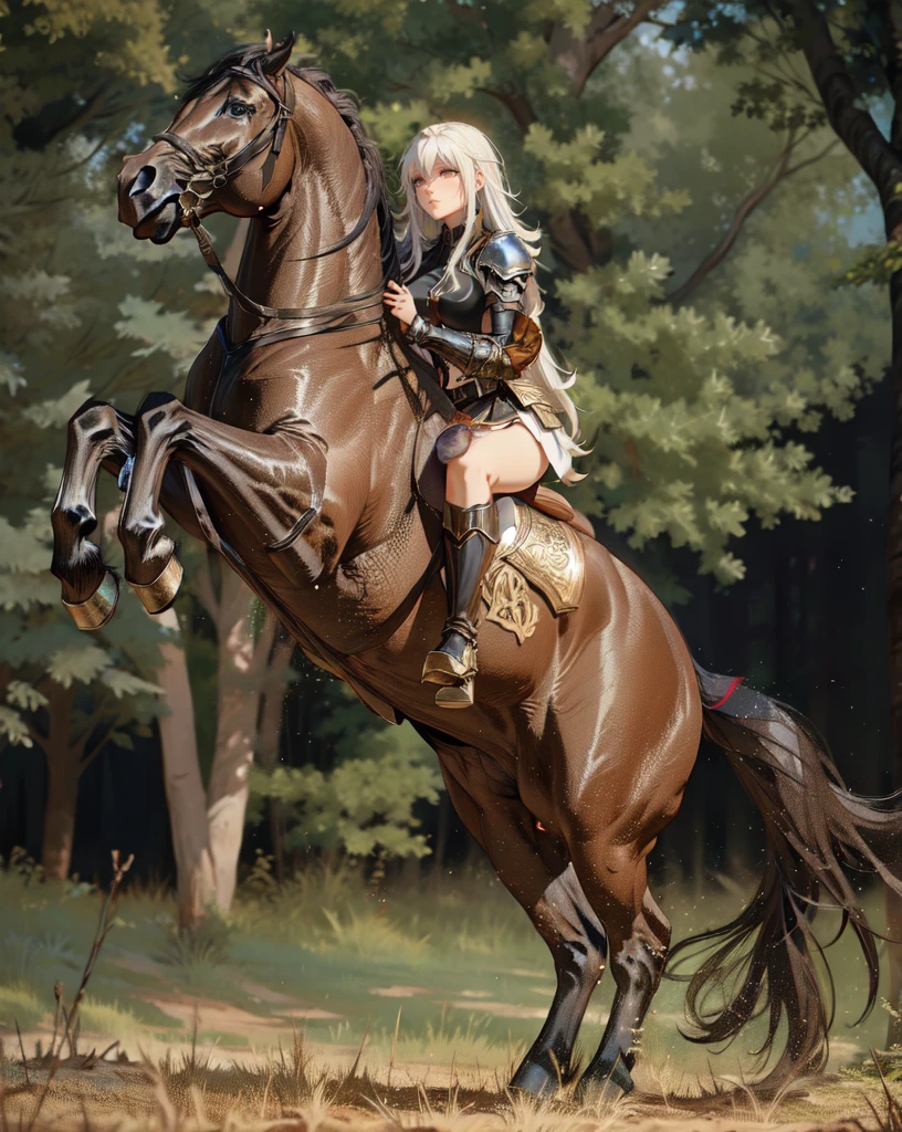 ((best quality)), ((anime masterpiece)), (high detailed), 8k, cinematic lighting, realistic, HDR, vivid color, a female knight riding a BROWN HORSE, long hair, {black hair}, (white armor, black gauntlet, black miniskirt, black boots), forest, anatomically correct
