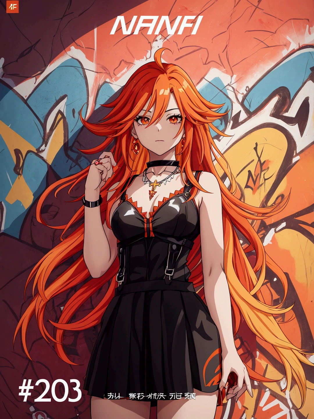 Anime girl in red, orange and black suspender skirt in front of graffiti wall,28 years old，long hair anime girl, She has long orange-yellow hair., Attractive anime girl,Bare arms，Bare arms，Bare legs，Black necklace，Front view，First Perspective，high quality，16K，Exciting appearance，very clearly，Exquisite mature facial，Royal sister，Simple black suspender skirt，Alone，Standing front