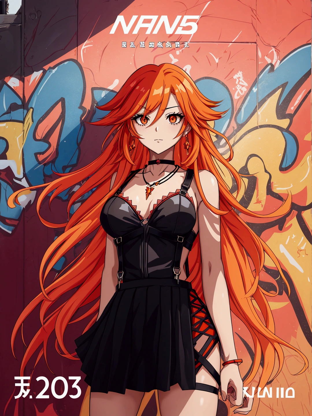 Anime girl in red, orange and black suspender skirt in front of graffiti wall,28 years old，long hair anime girl, She has long orange-yellow hair., Attractive anime girl,Bare arms，Bare arms，Bare legs，Black necklace，Front view，First Perspective，high quality，16K，Exciting appearance，very clearly，Exquisite mature facial，Royal sister，Simple black suspender skirt，Alone，Standing front