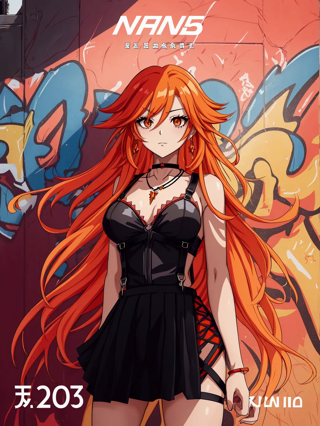 Anime girl in red, orange and black suspender skirt in front of graffiti wall,28 years old，long hair anime girl, She has long or...