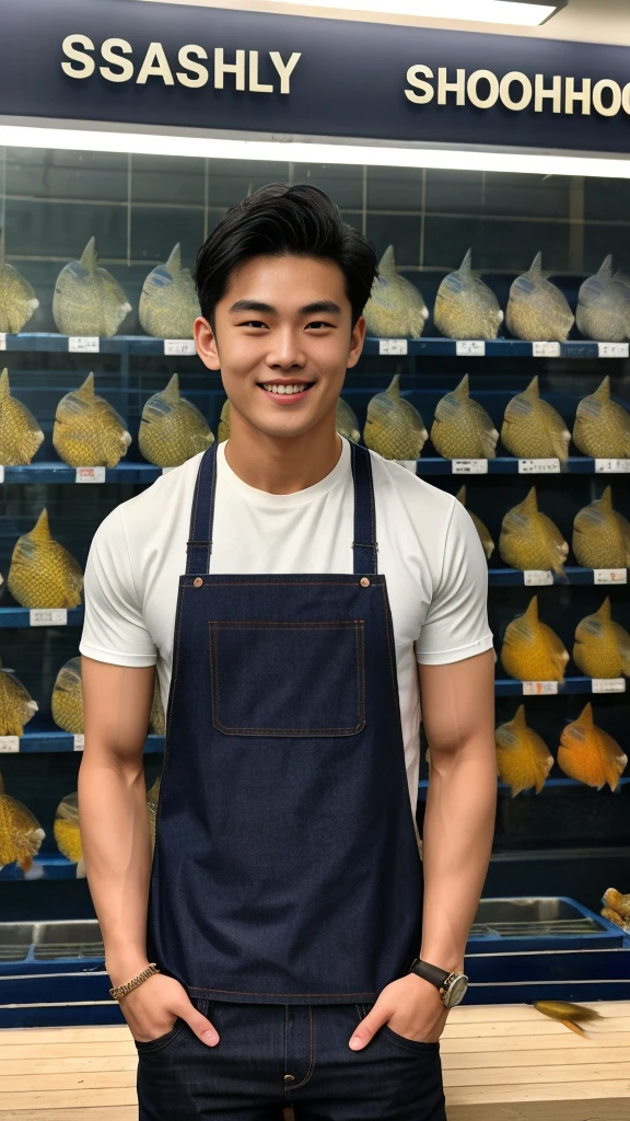 single: 1.5, (ที่TRUEแล้ว, Masterpiece, 8k HD, good light quality, sportswear, to fit the face, complicated details), A handsome Korean man with muscular arms.. , 20 years old, be happy, smile brightly, detailed face, delicate eyes, look at the sky, Wear a navy tight T-shirt..:1.6 ,Wear a denim coat.., Jeans era, black eyes, Black hair color, ผมsmooth, smooth，SurTRUE，Excellent details，Highest quality，TRUE，Open your mouth to talk.. , Close your eyes.., (standing in a fish shop :1.5)