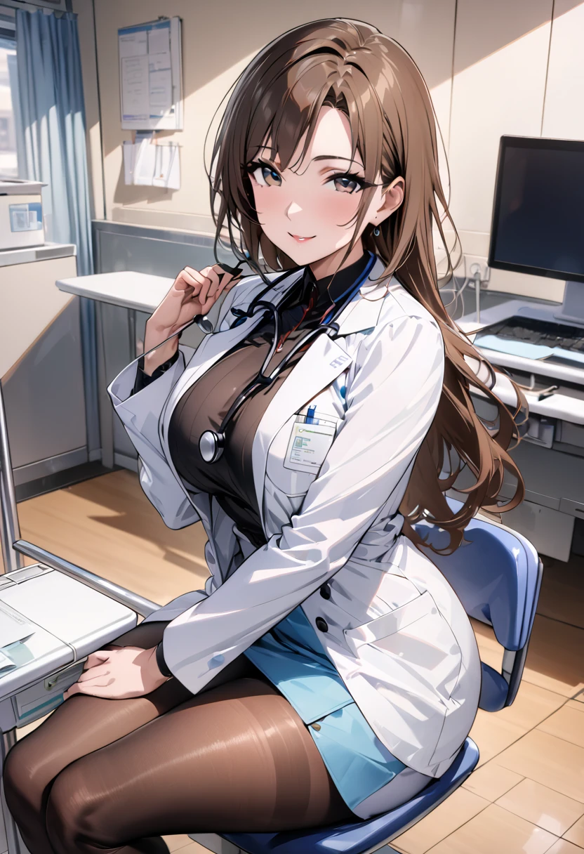 8K picture quality, ultra high definition, stunning mature beauty, intellectual elegance, brown hair, (best quality, masterpiece: 1.2),1lady solo, sitting, (looking at viewers), (white lab coat) stylish outfit, mature female, /(dark brown hair/) bangs, kind smile, (masterpiece best quality:1.2) delicate illustration ultra-detailed, large breasts, pantyhose, /(stethoscope around neck/) BREAK (hospital examination room) indoors, work desk, detailed background，(((doctor)))