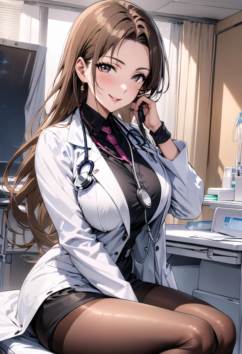 8K picture quality, ultra high definition, stunning mature beauty, intellectual elegance, brown hair, (best quality, masterpiece: 1.2),1lady solo, sitting, (looking at viewers), (white lab coat) stylish outfit, mature female, /(dark brown hair/) bangs, kind smile, (masterpiece best quality:1.2) delicate illustration ultra-detailed, large breasts, pantyhose, /(stethoscope around neck/) BREAK (hospital examination room) indoors, work desk, detailed background，(((doctor)))