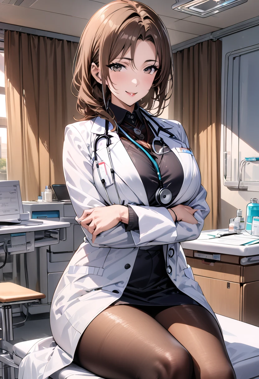 8K picture quality, ultra high definition, stunning mature beauty, intellectual elegance, brown hair, (best quality, masterpiece: 1.2),1lady solo, sitting, (looking at viewers), (white lab coat) stylish outfit, mature female, /(dark brown hair/) bangs, kind smile, (masterpiece best quality:1.2) delicate illustration ultra-detailed, large breasts, pantyhose, /(stethoscope around neck/) BREAK (hospital examination room) indoors, work desk, detailed background，(((doctor)))