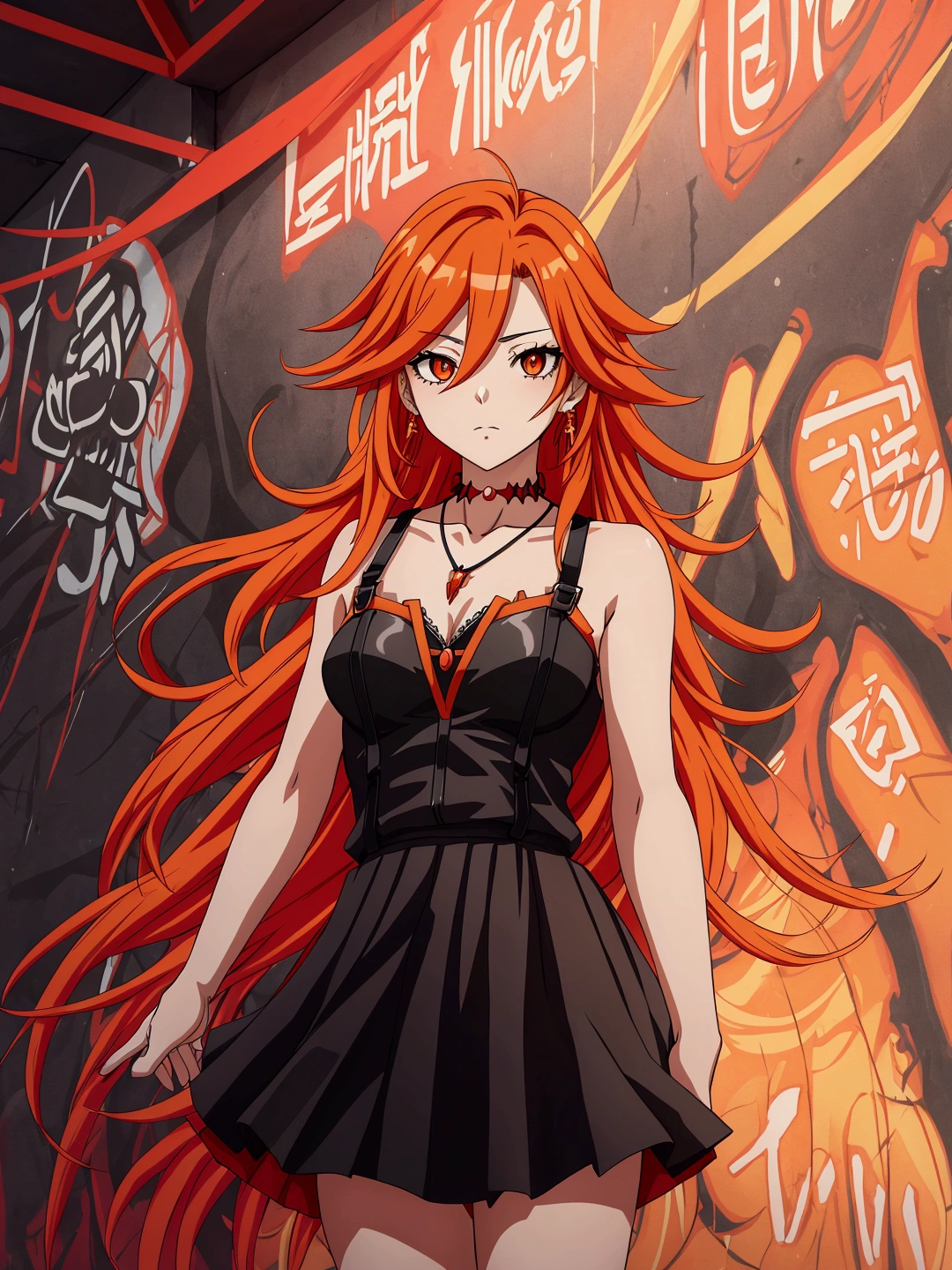 Anime girl in red, orange and black suspender skirt in front of graffiti wall, 28 years old，long hair anime girl, She has long orange-yellow hair., Attractive anime girl,Bare arms，Bare arms，Bare legs，Black necklace，Front view，First Perspective，high quality，16K，Exciting appearance，very clearly，Exquisite mature facial，Royal sister，Simple black suspender skirt，Alone，Standing front，Hands hanging down，High heel，whole body