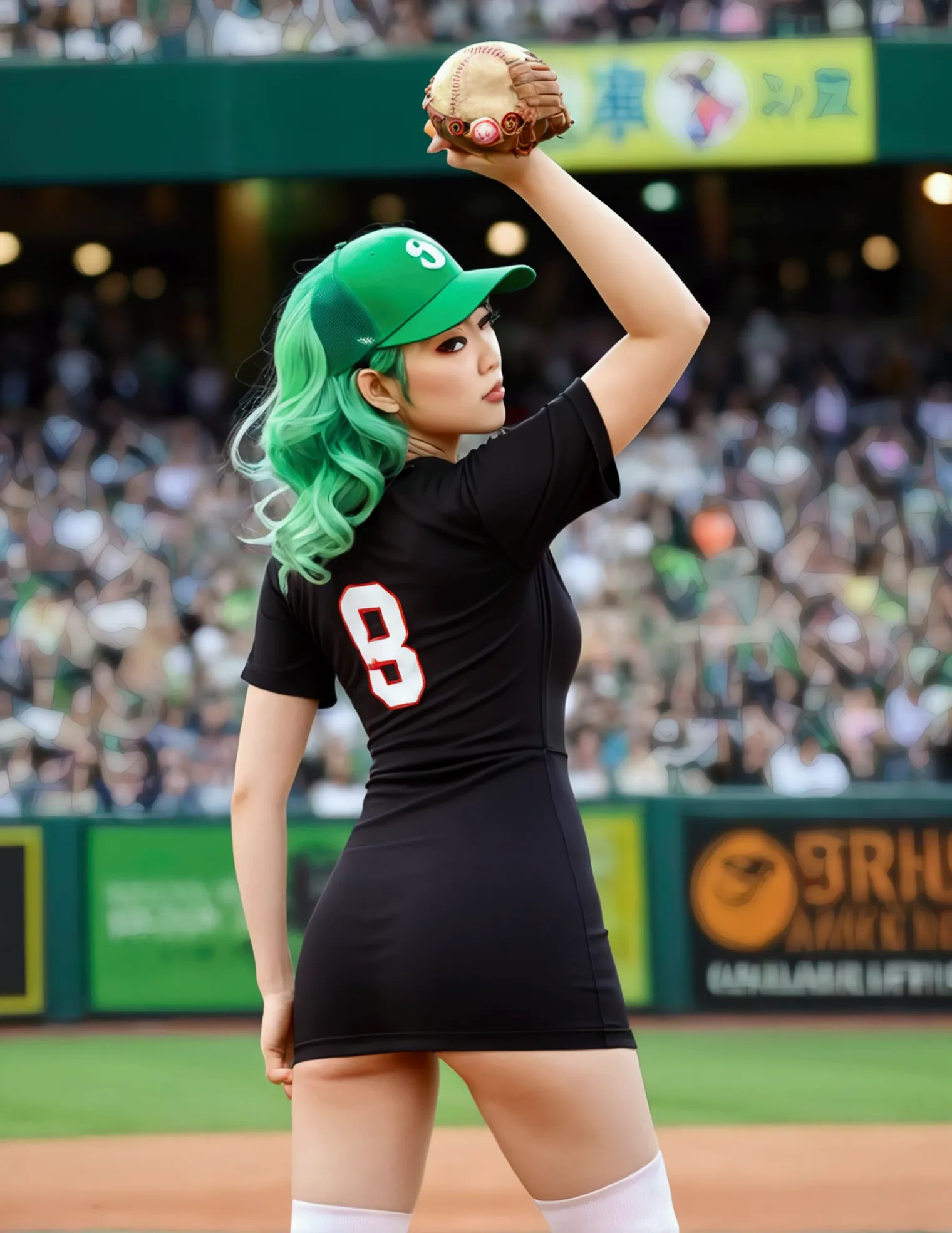 A beautiful Japanese woman (Tatsumaki,black dress, green hair) in a baseball cap pitching a ball, dynamic pitching pose, crowd c...