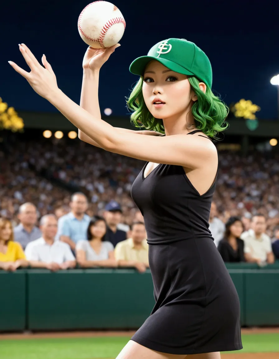 A beautiful Japanese woman (Tatsumaki,black dress, green hair) in a baseball cap pitching a ball, dynamic pitching pose, crowd c...