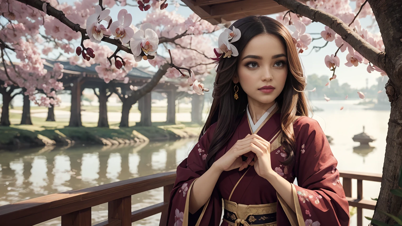 (masterpiece, top quality, best quality, official art, beautiful and aesthetic:1.2), (1girl), extreme detailed,(abstract, fractal art:1.3),highest detailed, detailed_eyes, light_particles, hanfu,jewelry, sexy, ,red,cherry blossom,The left hand's orchid fingers pinch a branch blooming with cherry blossoms,The right hand's orchid fingers lightly pinch the left sleeve