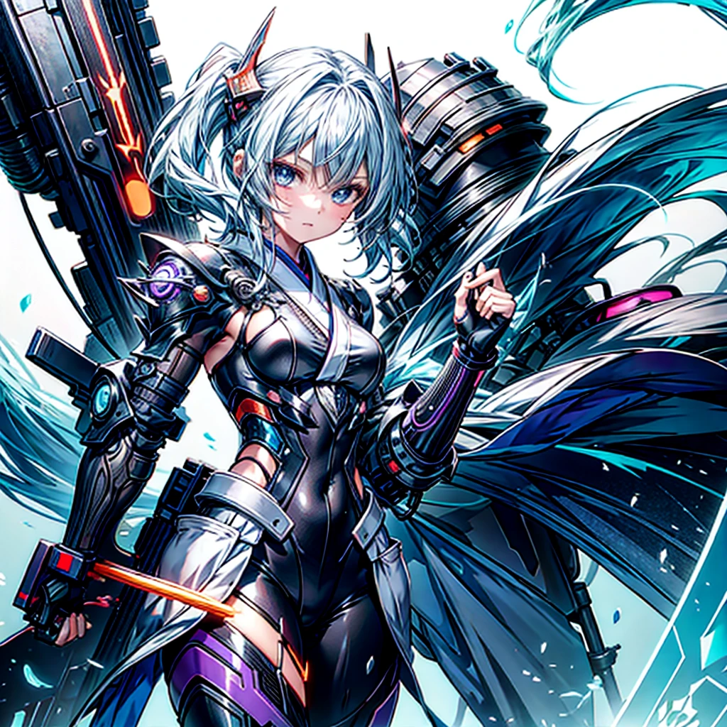 (Tabletop), (Perfect athletic body:1.2), Anime Style, whole body, Cyberpunk Girl, Ocean blue twin hairstyles for blue eyes, Wearing a kimono, Black and Purple Flaming Fist, Burnt mechanical limbs, Standing in the Wilderness, Flame burning in the chest, White Background, whole body,composition