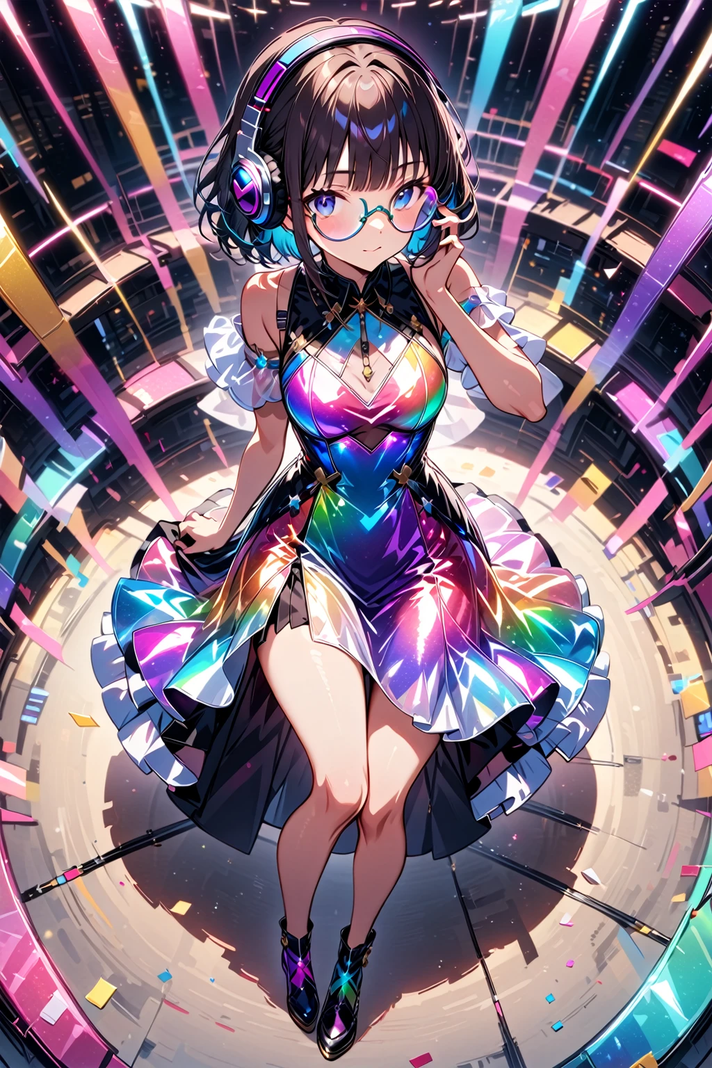 (extremely detailed fine touch:1.3), (((semi-rimless round eyewear:1.3))), (headphone:1.2), short hair, blunt bangs, 1 girl, full body, iridescent dress