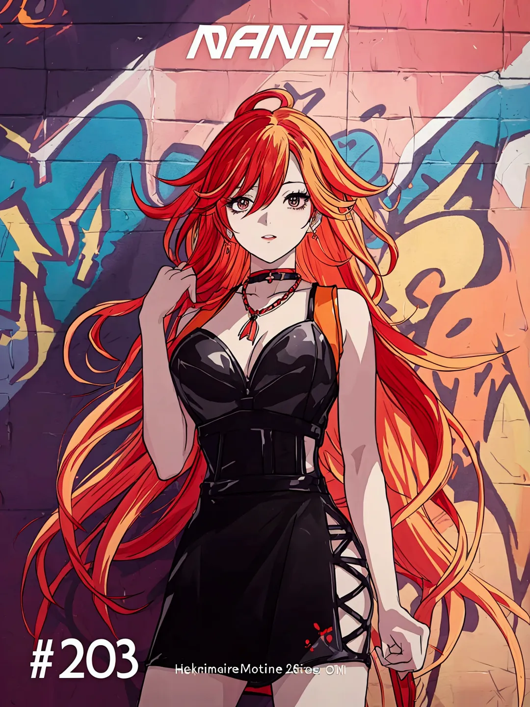 Anime girl in red, orange and black suspender skirt in front of graffiti wall, 28 years old，long hair anime girl, She has long o...