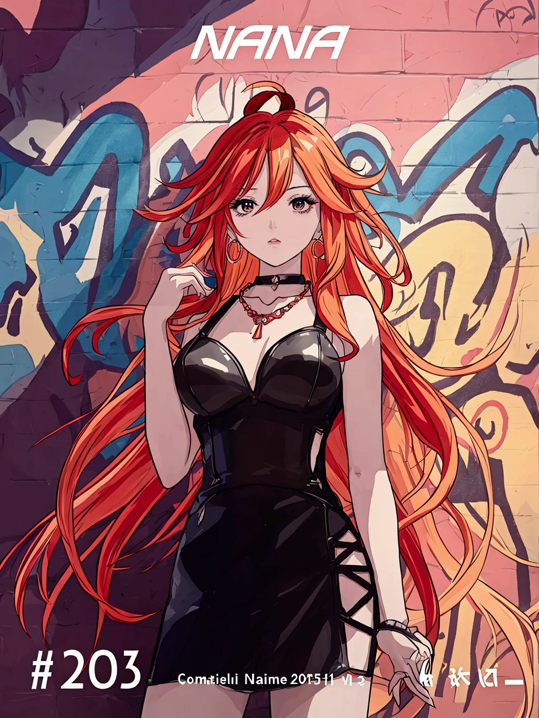 Anime girl in red, orange and black suspender skirt in front of graffiti wall, 28 years old，long hair anime girl, She has long orange-yellow hair., Attractive anime girl,Bare arms，Bare arms，Bare legs，Black necklace，Front view，First Perspective，high quality，16K，Exciting appearance，very clearly，Exquisite mature facial，Royal sister，Simple black suspender skirt，Alone，Standing front，Hands hanging down，High heel，whole body