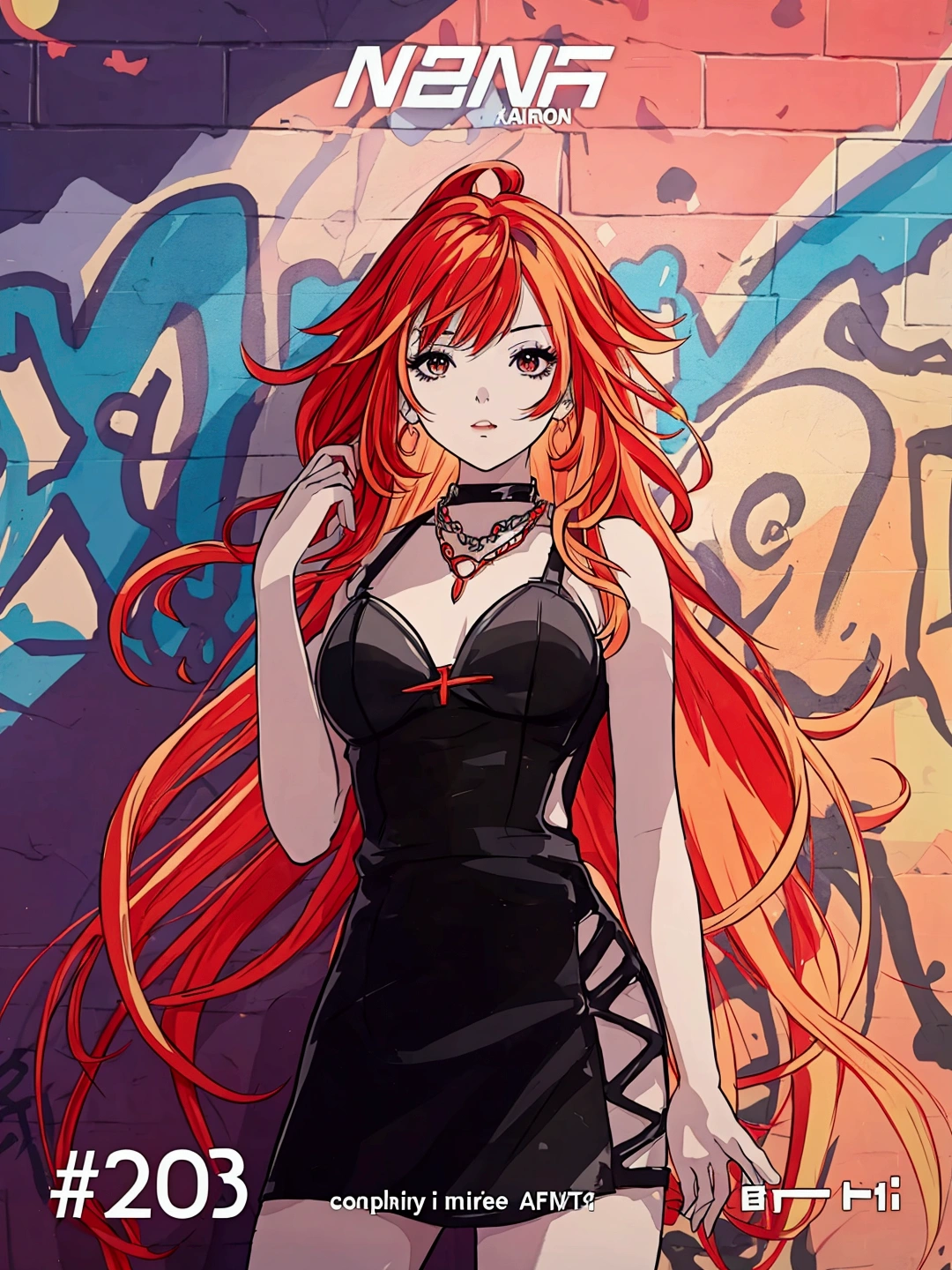 Anime girl in red, orange and black suspender skirt in front of graffiti wall, 28 years old，long hair anime girl, She has long orange-yellow hair., Attractive anime girl,Bare arms，Bare arms，Bare legs，Black necklace，Front view，First Perspective，high quality，16K，Exciting appearance，very clearly，Exquisite mature facial，Royal sister，Simple black suspender skirt，Alone，Standing front，Hands hanging down，High heel，whole body