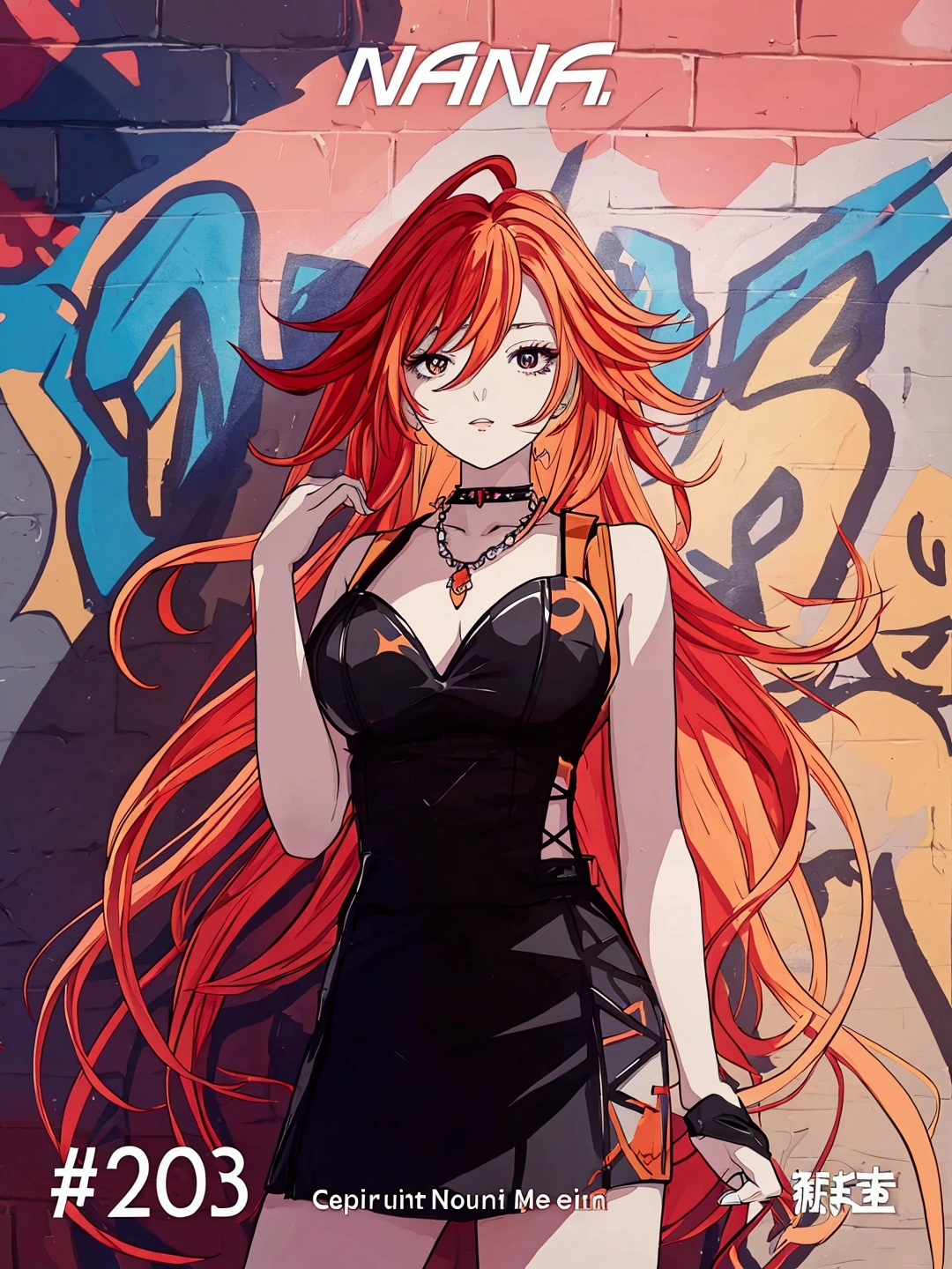 Anime girl in red, orange and black suspender skirt in front of graffiti wall, 28 years old，long hair anime girl, She has long orange-yellow hair., Attractive anime girl,Bare arms，Bare arms，Bare legs，Black necklace，Front view，First Perspective，high quality，16K，Exciting appearance，very clearly，Exquisite mature facial，Royal sister，Simple black suspender skirt，Alone，Standing front，Hands hanging down，High heel，whole body