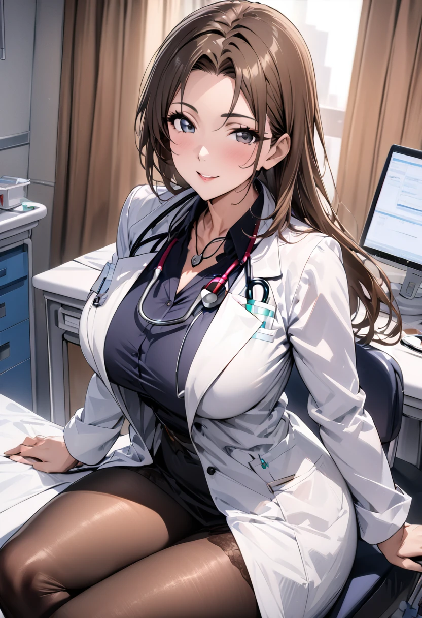 8K picture quality, ultra high definition, stunning mature beauty, intellectual elegance, brown hair, (best quality, masterpiece: 1.2),1lady solo, sitting, (looking at viewers), (white lab coat) stylish outfit, mature female, /(dark brown hair/) bangs, kind smile, (masterpiece best quality:1.2) delicate illustration ultra-detailed, large breasts, pantyhose, /(stethoscope around neck/) BREAK (hospital examination room) indoors, work desk, detailed background，(((doctor)))