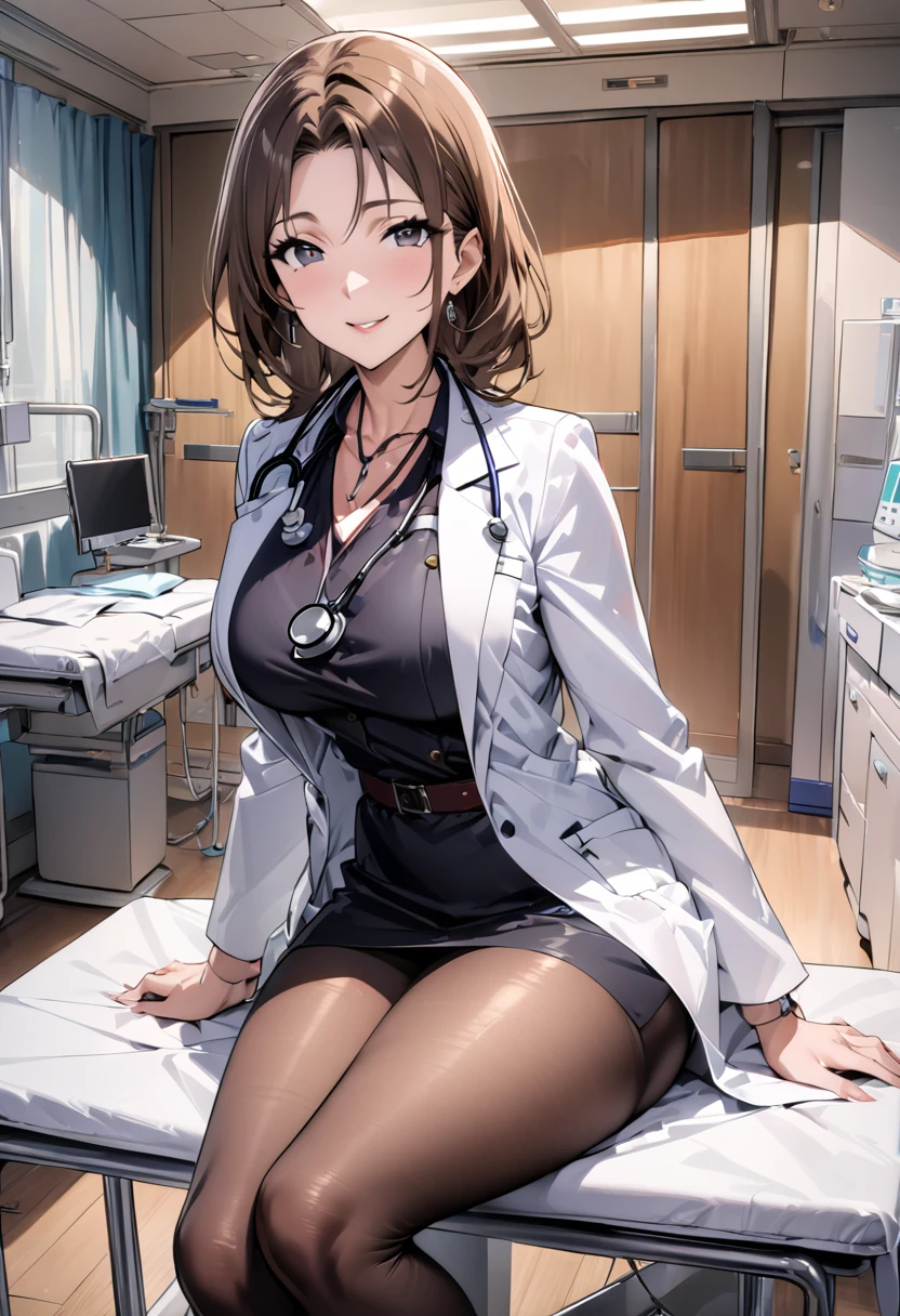 8K picture quality, ultra high definition, stunning mature beauty, intellectual elegance, brown hair, (best quality, masterpiece: 1.2),1lady solo, sitting, (looking at viewers), (white lab coat) stylish outfit, mature female, /(dark brown hair/) bangs, kind smile, (masterpiece best quality:1.2) delicate illustration ultra-detailed, large breasts, pantyhose, /(stethoscope around neck/) BREAK (hospital examination room) indoors, work desk, detailed background，(((doctor)))