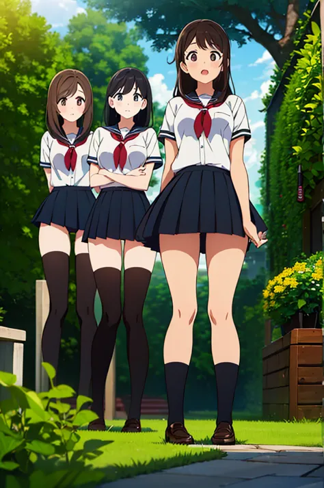 (Three Women:1.5)　,Dark Brown Hair,Black Hair,（Nose Brush:1.7） ,Surprised,Open your mouth,(school uniform),（Panties in full view...