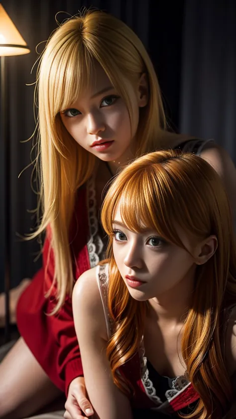 (natural blonde and redhead girls with pretty faces), cute pose, atmospheric, dark atmosphere, (naughty lighting), sayaka yamamo...