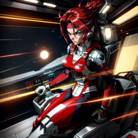 kallen stadtfeld, blue eyes, headband, red hair, pilot suit, angry, arms visible, hands visible, legs visible, feet visible BREA...