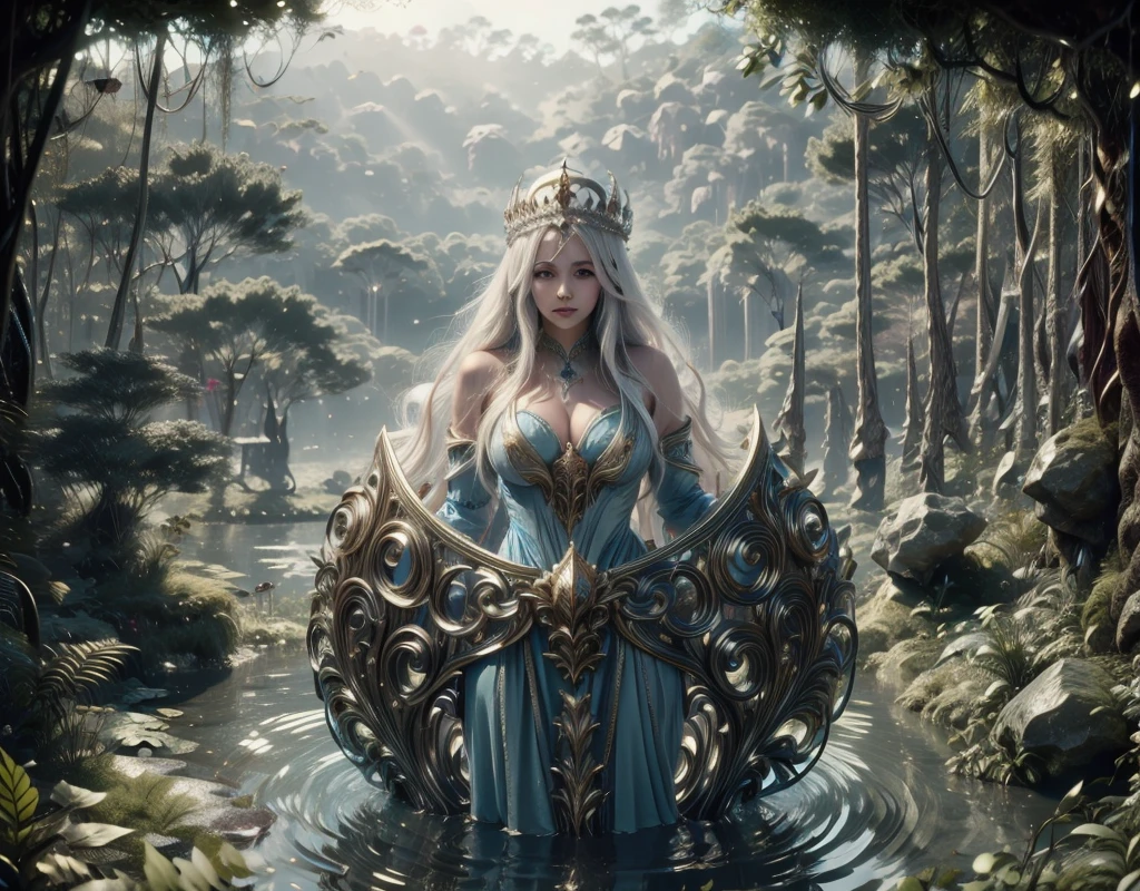 Realistic 4K HD, in the middle of a lake a goddess with long white hair crowns wearing a blue costume with fine gold details, breasts protected round shapes her body surplus a large rock stone in the middle of the lake with nearby trees.