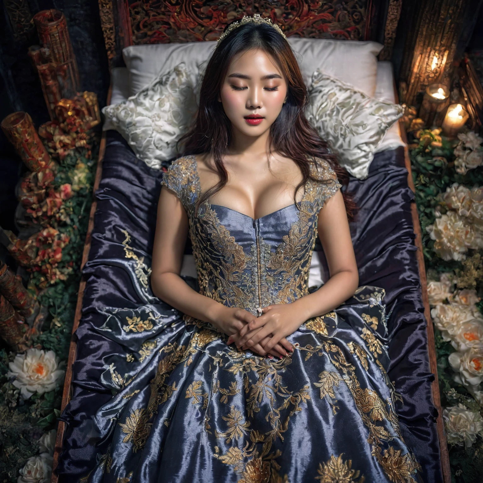 In a striking 8K HDR scene, a stunning Korean woman, 22 years old, lies peacefully in a black coffin surrounded by plush pillows. The deep box is set against a rich black background, accentuating the beauty of the subject. Her exquisite deep-V neckline kebaya attire is embroidered with superb detail, showcasing her round and firm breasts, perfect cleavage, and beautiful eyebrows. Her closed eyes and mouth give an air of serenity, while her visible and absolute cleavage leave nothing to imagination. The scene is bathed in saturated colors, highlighting every intricate aspect from the ball skirt to her clean face, straight body, detailed hand perfect hands, straight body, own hands together, own hand on stomach, detailed hands, perfect hands.