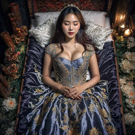 In a striking 8K HDR scene, a stunning Korean woman, 22 years old, lies peacefully in a black coffin surrounded by plush pillows...