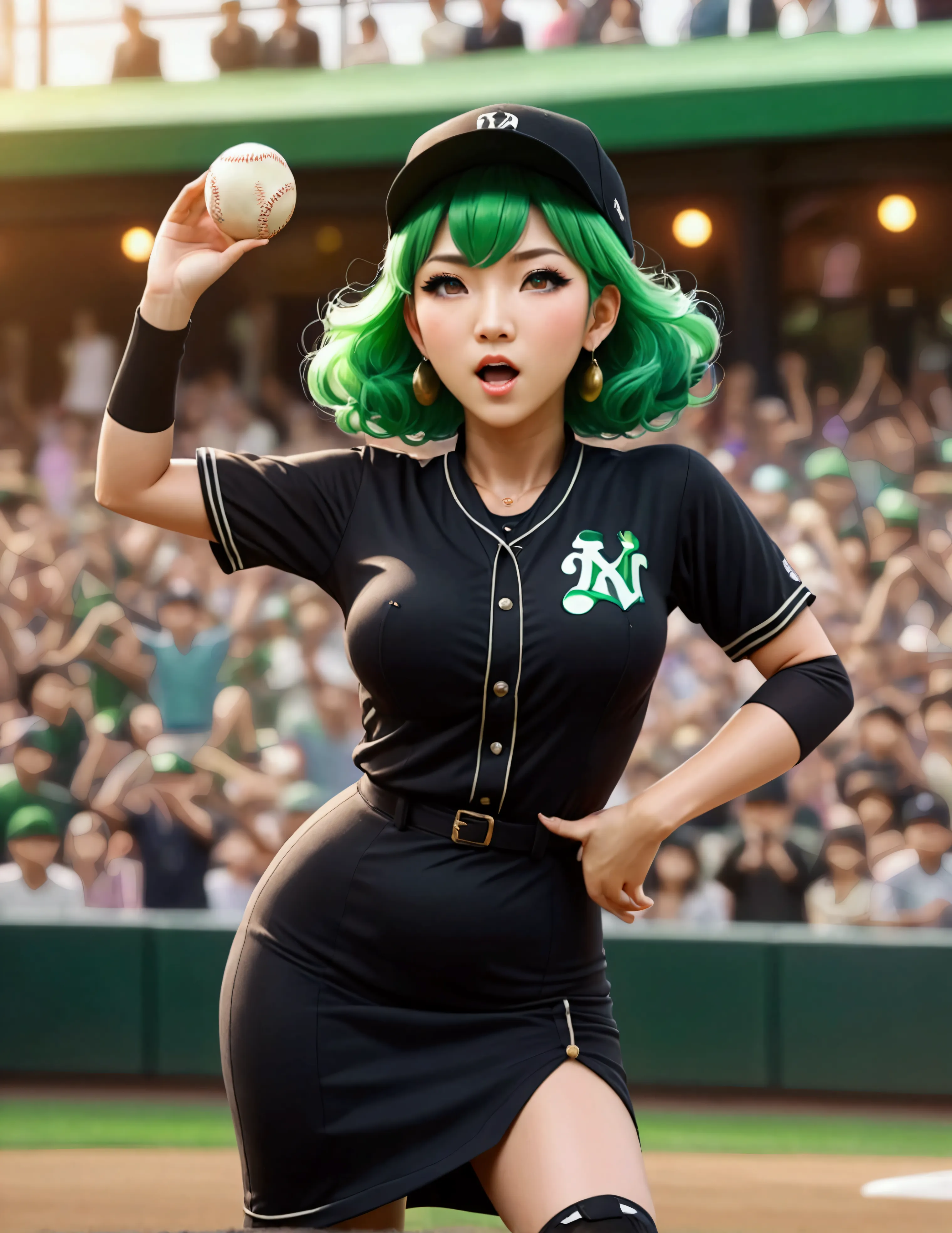 a beautiful japanese woman (tatsumaki,black dress, green hair) in a baseball cap pitching a ball, dynamic pitching pose, crowd c...