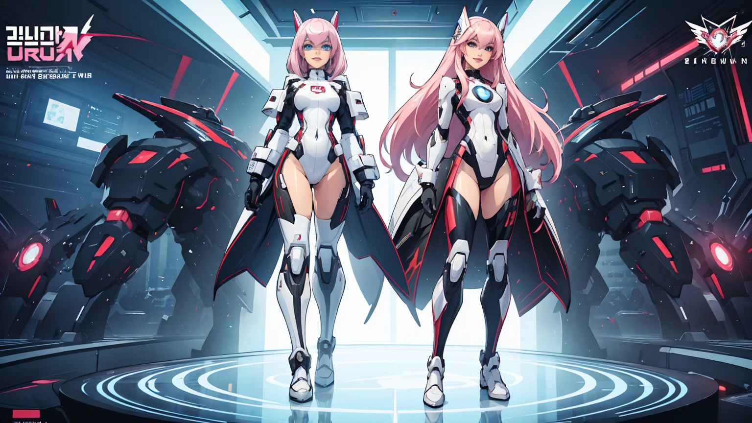 ((character design sheet)),((full body view)),Best picture quality, high resolution, 8k, realistic, sharp focus, realistic image of elegant lady, Korean beauty, fashion model, beautiful face, cute, futuristic head gear, futuristic AI VR glasses, happy smile, pure white pink hair, blue eyes, wearing high-tech cyberpunk style red Batgirl suit, radiant Glow, sparkling suit, mecha, perfectly customized high-tech suit, fire theme, custom design, 1 girl,swordup, looking at viewer,alluring_lolita_girl