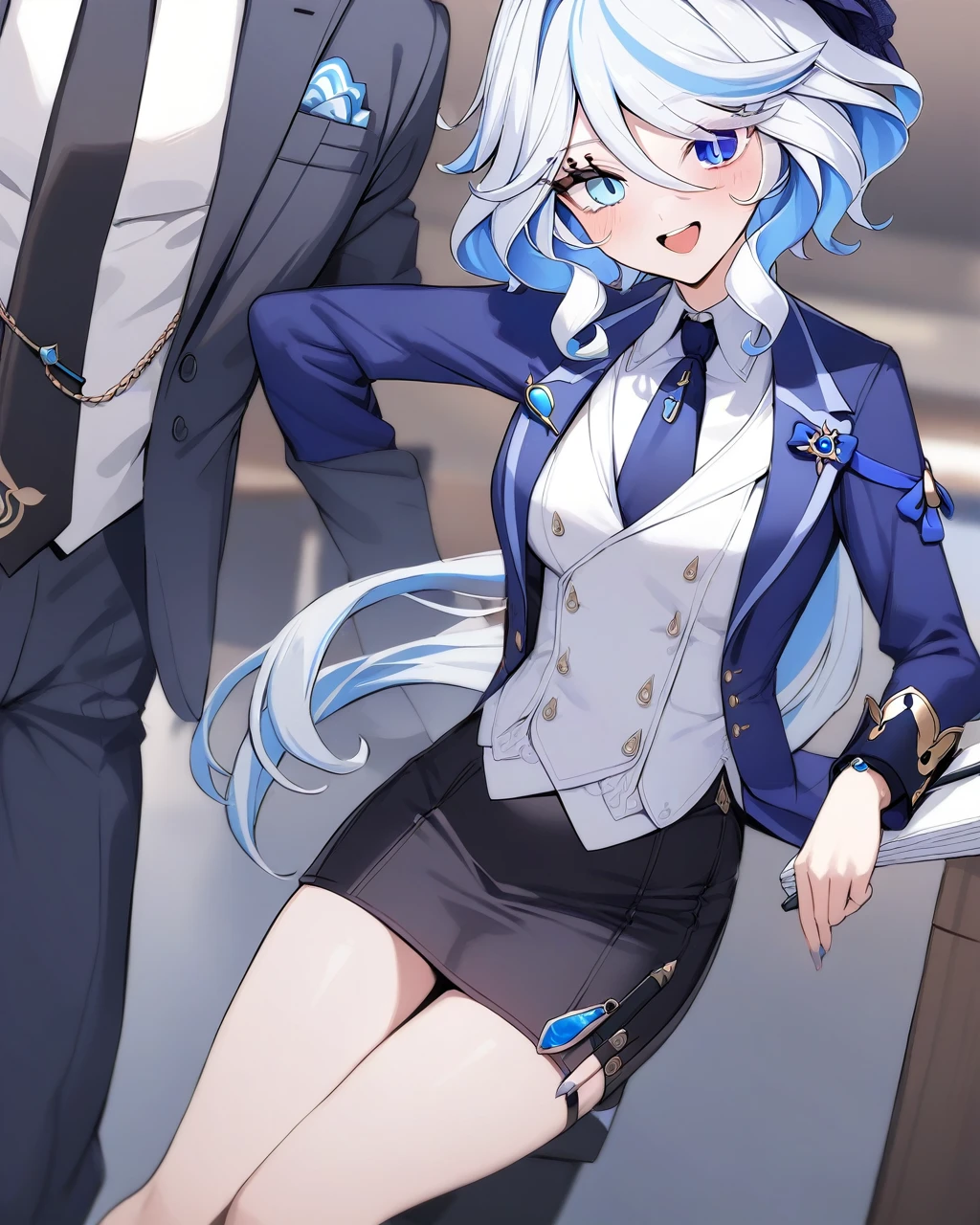 masterpiece,best quality,1girl, furina \(genshin impact\), genshin impact, cowlick, office background, open mouth, streaked hair, upper teeth only, solo, long hair, light blue hair, white background, smile, white hair, ahoge, long sleeves, hair between eyes, (((skirt suit))), (((three-piece suit))), (((dark blue dress shirt))), (((necktie))), (((blue blazer))), (((black lapel))), (((suit jacket))), ((white waistcoat)), double-breasted waistcoat, (((bodycon pencil skirt))), pocket square, cufflinks, tie clip , tailored suit, top hat