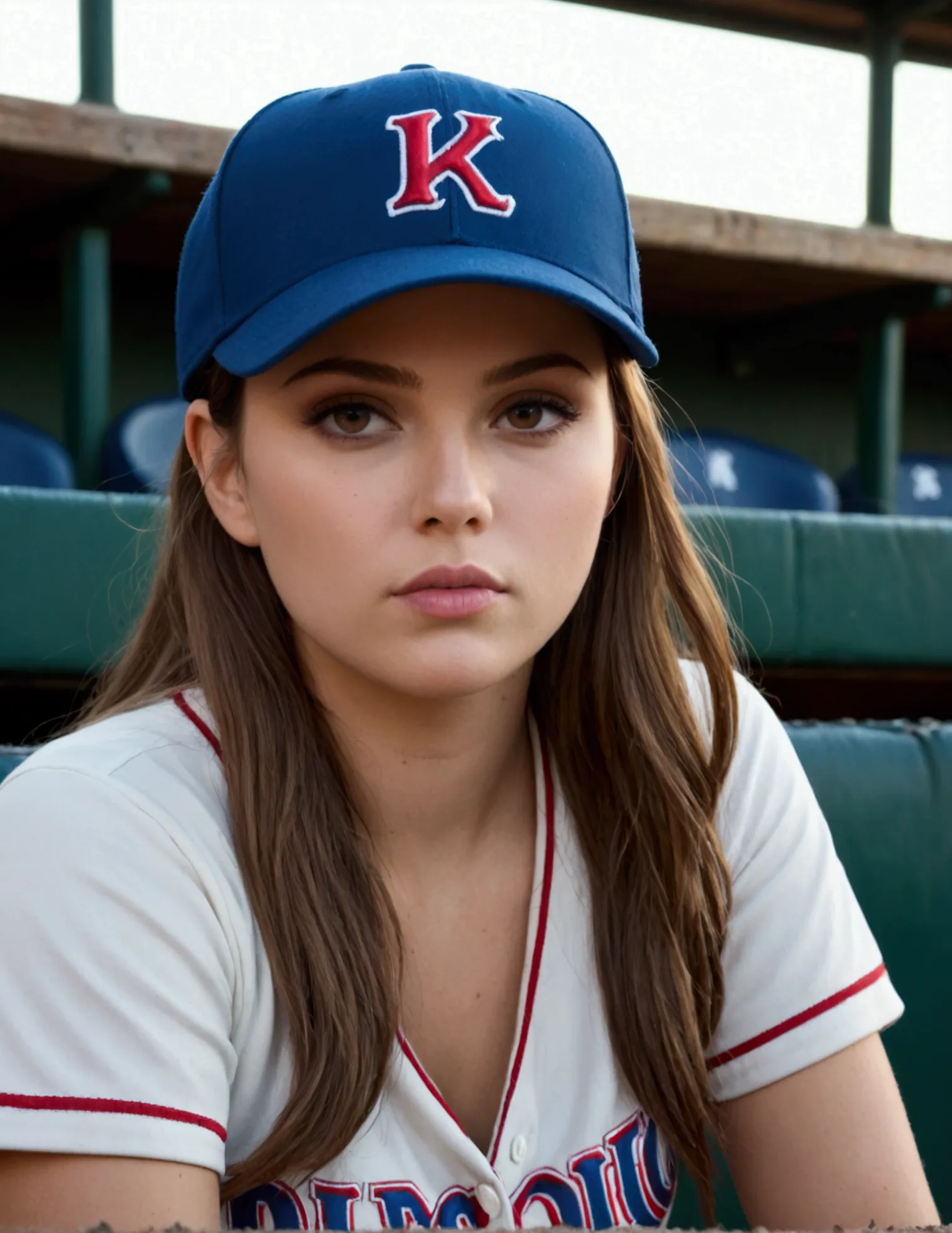 photorealistic portrait of a young woman in a baseball cap, chewing tobacco and sitting in a baseball dugout, detailed facial fe...